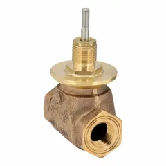 Bronze body globe valve with stainless steel stem and brass seat. 1/2 in female NPT connections, 4.6 Cv flow coefficient. Normally open, stem down to close. Used for modulating control of water flow in hydronic heating and cooling systems.