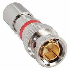 Male BNC compression-style connector for RG-59 coaxial cable. Silver finish. Supports frequencies up to 3 GHz. Pack of 15. Used in video surveillance, broadcast, and data transmission systems requiring secure connections.