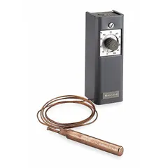 This proportional temperature control operates on 24V AC input and provides a 135 ohm potentiometer output signal. It features a 5 ft capillary and supports horizontal or vertical mounting orientation. Typical applications include variable air volume (VAV) systems for modulating dampers or valves in commercial HVAC.