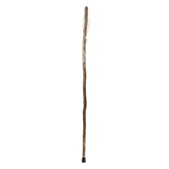This standard single walking stick is constructed of wood with a wood handle and a rubber bottom tip. It measures 55 inches in length. Suitable for providing mobility support and balance assistance during daily walking or rehabilitation.