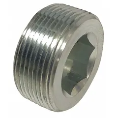 Stainless steel hydraulic hose plug with 3/8 in fitting size and 3/8-18 thread. Rated for 7200 psi maximum working pressure at 70 °F. Seals open hose ends or ports in high-pressure hydraulic systems to prevent leaks and contamination.