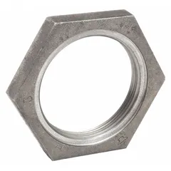 Threaded locknut for securing pipe connections in low-pressure systems. Class 150 rating. Made of malleable iron. Suitable for use in plumbing, HVAC, and process piping applications.