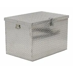 Chest-style jobsite box with 12 cu ft capacity, measuring 37 1/4 in W x 25 7/8 in D x 25 1/16 in H. Finished in silver and equipped with a padlock hasp (lock not included). Suitable for securing tools and materials on construction sites, warehouses, and industrial facilities.