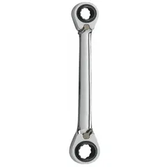 Set of four SAE double-end, 12-point ratcheting box end wrenches made from alloy steel with a chrome finish. Head sizes include 1/2 in, 3/8 in, 5/16 in, and 7/16 in. The ratcheting mechanism allows fast fastener turning in confined spaces without repositioning the tool. Suitable for general maintenance and repair tasks.