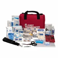 Portable first aid kit in a red nylon housing, serving one person with 78 components. Includes 32 adhesive bandages, 3 triangular bandages, and eyewash. No oral or inhalant medication. OSHA compliant for general-purpose use in workplaces or similar settings