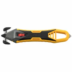 This dual-hook safety cutter features a contoured, textured handle in black/yellow and a stainless steel blade. With an 8-5/8 in overall length, it includes an integrated tape splitter for efficient box opening. Designed for cutting shrink wrap, strapping, tape, and packaging materials in warehouse and distribution settings.