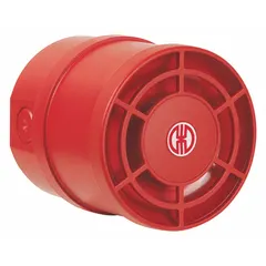 Tone alarm with red housing for indoor and outdoor use. Operates on 115 to 230V AC, consuming 0.12 W. Suitable for signaling warnings, machine status, or process events in industrial facilities.