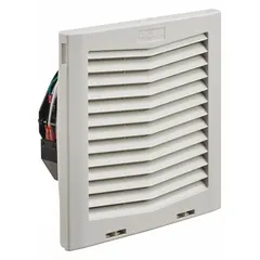 Square axial fan with plastic housing for wet-location ventilation. Delivers 70 cfm airflow at 0.000 in static pressure. Includes mounting hardware. Terminals with IP54 rating. Height 10 1/8 in, depth 4 11/16 in.