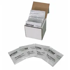 Liquid buffer set containing pH 4, pH 7, and pH 10 solutions for calibrating pH meters and electrodes. Lab-grade, 100% weight concentration, supplied in plastic pouches. Suitable for routine calibration in laboratory and process control applications.
