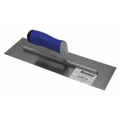 Square-end finishing trowel with a carbon steel blade and ErgoSoft handle. Blade width is 4 inches. Used for smoothing and finishing concrete, plaster, and mortar surfaces, particularly in corners and edges.
