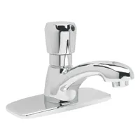 Brass single-post push-button metering faucet with chrome finish and low arc spray. Flow rate 1 gpm. Includes 4" cover plate. Used in commercial restrooms for timed water delivery