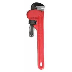 This 10-inch straight pipe wrench features serrated jaws and an I-Beam handle for gripping and turning threaded pipes and fittings. With a 1 1/2-inch jaw capacity, it is suited for plumbing, HVAC, and industrial maintenance tasks, including work in confined spaces.