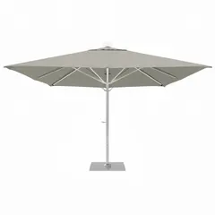Rectangular outdoor umbrella with slate gray canopy, aluminum pole, and steel components. Features a hand crank opening mechanism and includes a base. Overall height 145 1/8 inches. Suitable for shading patios, decks, and commercial seating areas.