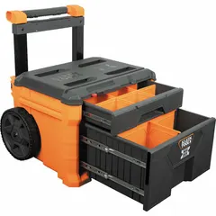 This rolling tool box is constructed from orange polymer and measures 23 1/2 inches wide by 44 inches high. It features two drawers and a security bar for organized, mobile storage of tools on job sites.