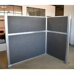 This VERSARE modular cubicle wall system consists of four fabric panels with a fluted window style, providing visual privacy and sound absorption. Overall dimensions are 72 inches in height and 72 inches in width. The panels are finished in Sand color. Suitable for dividing open-plan office or industrial spaces.