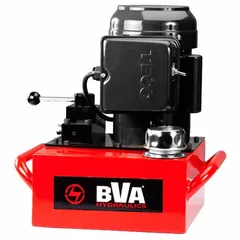This stationary electric hydraulic pump unit delivers a maximum operating pressure of 10,000 psi and a maximum flow rate of 293 cu in/min. It operates on 120V AC power and features a 4-way valve with a Hold function. Typical applications include powering hydraulic cylinders and tools in industrial maintenance, construction, and manufacturing settings.