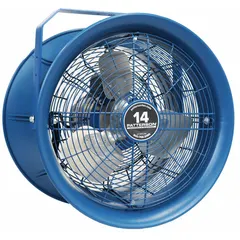 This high-velocity industrial fan is designed for ceiling mounting and delivers focused airflow for spot cooling and air circulation in large spaces such as warehouses, factories, and commercial facilities. It features a 14-inch blade diameter, a 1/4 hp motor operating on 277V AC, and a single-speed, non-oscillating configuration to direct air precisely where needed.