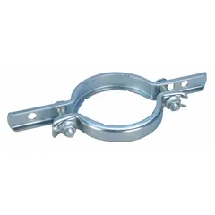 Electrogalvanized steel riser clamp for securing 1 in pipe in vertical installations. Rated for 255 lb load capacity with 9 in overall length. Used in plumbing, HVAC, and industrial piping systems.