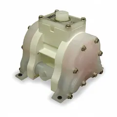 This air-operated double diaphragm pump features a polypropylene housing and 3/8 inch NPT connections. It delivers a flow rate of 6.8 gpm and is equipped with polypropylene seat and check valve materials. Suitable for transferring a range of fluids in industrial fluid handling applications.