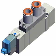 This SMC SY7000 Series directional control valve is a single-solenoid, five-way/two-position, monostable valve with five ports and 24V DC operation. It features plug-in connection, internal pilot actuation, and a non-locking design. Typical applications include directing compressed air in automated machinery and industrial pneumatic systems.