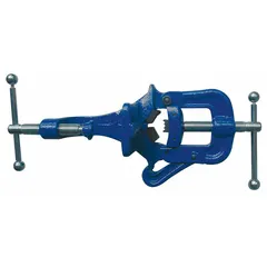 This portable yoke vise is constructed of metal and is designed for clamping and holding pipes or workpieces during cutting, threading, or welding. It has a minimum height of 0 in and a maximum height of 2 in, and can clamp to a work table or pipe up to 3-7/8 in thick. Suitable for metalworking and plumbing applications where a portable, table-mounted vise is required.