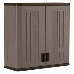 Resin wall-mount cabinet in platinum/slate color, rated light duty. Includes one adjustable shelf. Unassembled. Suitable for organizing tools, supplies, or equipment in garages, workshops, warehouses, or utility rooms.
