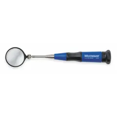 This WESTWARD inspection mirror features a 1-1/2 inch diameter round plastic mirror. It is used for viewing hidden or hard-to-reach areas in machinery, engines, and equipment, allowing visual inspection without disassembly.