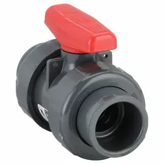 PVC ball valve with straight body, socket x FNPT ends, full port ball, and tee configuration. Suitable for flow control in water treatment, chemical processing, and irrigation systems requiring corrosion resistance.