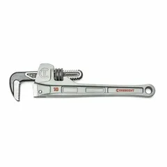 Straight pipe wrench with serrated jaw and ergonomic handle, constructed from aluminum. Overall length of 10 in and jaw capacity of 1 9/10 in. Used for gripping and turning pipes, fittings, and round objects in plumbing, mechanical, and industrial applications.