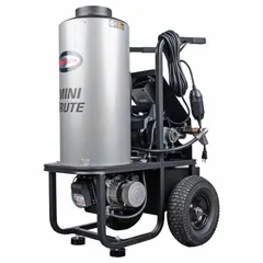This hot water pressure washer is powered by 120 V single-phase electricity and features a direct pump drive with a diesel burner. It delivers 1500 psi at 1.8 gpm for cleaning tasks such as removing grease, oil, and grime from equipment, surfaces, and machinery. The unit is mounted on a walk-behind cart for mobility.