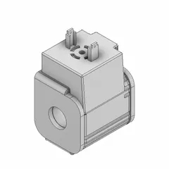 Solenoid coil for hydraulic cartridge valves, rated for 12 VDC operation at 19 W. Features a standard DIN electrical connector for secure installation. Used to actuate compatible valve spools in fluid power systems.