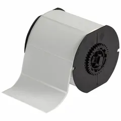 This precut label roll measures 4 inches by 2 inches and is made of metalized polyester in gray. The material is metal detectable, aiding in traceability in environments where foreign object control is critical. Compatible with the i5300 printer series for on-demand printing. Typical applications include asset identification and safety labeling in industrial settings.