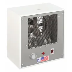 Portable electric desk heater with two heat settings (750W/1500W) and heating capacity of 2560/5118 BtuH. Features mechanical controls and overheat protection. White housing, dimensions 11-1/2 in x 10-1/4 in x 6 in. Suitable for supplemental spot heating in offices, workshops, or small rooms.