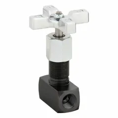 Manual two-way precision needle flow control valve with rotary knob adjustment. Constructed from steel with 1/2 in NPT connections. Rated for maximum pressure of 5,000 psi. Used for precise regulation of fluid flow in hydraulic and industrial systems.