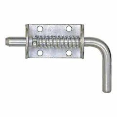 Carbon steel spring latch with bolt-on mounting. Handle length 2 3/8 in, bolt length 1 in, bolt width 1/2 in, bolt material carbon steel. Used to secure doors, panels, and access covers on industrial equipment.