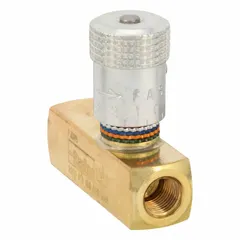Brass-bodied flow control valve with manual rotary knob adjustment. 1/8 in NPT ports. Used in hydraulic and pneumatic circuits to regulate fluid flow in industrial machinery and lubrication systems.