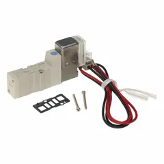 Five-way, two-position solenoid air control valve from the SYJ3000 series. Single solenoid, plug-in design with die-cast zinc body. Operates on 24V DC. Used to direct compressed air in automated pneumatic systems for applications such as manufacturing, packaging, and material handling.