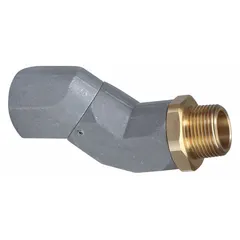 This swivel connector is designed for fuel-handling systems to prevent hose twisting and kinking. It features an aluminum body with a 3/4 in FNPT inlet and a 3/4 in NPT discharge, and is chemically compatible with diesel.