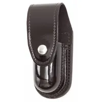 High gloss synthetic polymer holster for pepper spray. Features a snap closure for secure retention. Designed for quick access by security and law enforcement personnel