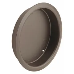 This steel round recessed handle is designed for tray and panel applications in industrial cabinets, enclosures, and sliding trays. It features unthreaded mounting holes and a black aged bronze finish. Supplied as a single piece.