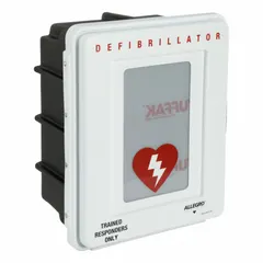 This wall-mounted storage cabinet is designed to house an automated external defibrillator (AED). Made of white plastic, it features a transparent window for quick visual inspection. The cabinet does not include an alarm. Suitable for use in facilities requiring accessible AED storage.
