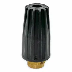 Threaded turbo nozzle with female connection, rated for 5,075 psi at 5 gpm, suitable for pressure washers operating between 5000 and 6000 psi. The rotary action produces a concentrated rotating spray for high-pressure cleaning tasks on surfaces such as concrete, equipment, and vehicles.