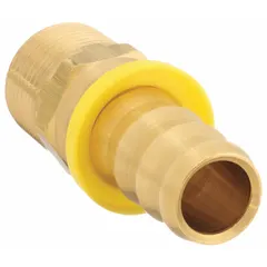 This brass push-on barbed hose fitting connects 3/4 in hose to NPTF male threads for air, water, and chemical lines. The swivel design simplifies alignment in tight spaces, and the barb eliminates the need for clamps. Suitable for industrial fluid handling applications.