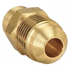 Brass 45-degree flare tube elbow for connecting two tubes of equal outside diameter. Suitable for use in hydraulic, pneumatic, and fuel line systems requiring leak-resistant flared joints. Meets SAE J512 standards. Supplied as a 10-pack.