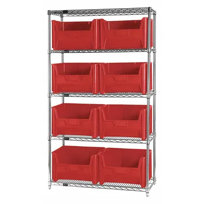 QUANTUM STORAGE SYSTEMS Bin Shelving: 42 in x 18 in x 74 in, 1 Sided, 8 Bins, Open, Red - Wire Stationary Bin Shelving with Open-Front Bins