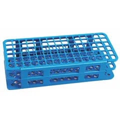 Benchtop test tube rack made of blue polypropylene. Holds up to 90 tubes. Overall dimensions: 4 1/4 in width, 2 1/2 in height, 9 3/4 in length. Suitable for organizing and storing test tubes in laboratory settings.