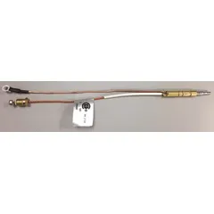 Thermal couple for replacement HVACR controls. Senses pilot flame temperature and generates a millivolt signal to maintain gas valve operation. Used in furnaces, boilers, and water heaters.