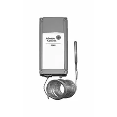Weatherproof single-stage temperature control with a fixed 5+/-2°F differential and 0° to 150°F range. Features SPDT switch action (close on rise), 120-277V AC operation, and a 10 ft capillary with 2-1/2 in x 1/4 in bulb in a plastic enclosure. Suitable for HVAC and refrigeration applications requiring temperature regulation in outdoor or damp environments.