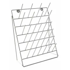 Steel benchtop drying rack with 24 pegs (80 mm length, 4 in peg size). Overall dimensions: 15-5/8 in length, 6-1/2 in width, 15-3/4 in height. Designed for benchtop mounting to hold and air-dry laboratory glassware, tubing, and other wet equipment.