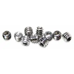 Cup point hex head set screws designed for securing showerheads in compatible shower systems. Each pack includes 10 screws with a 1/8 in overall width. Suitable for bathtub and shower installations where trim and components need to be fastened.